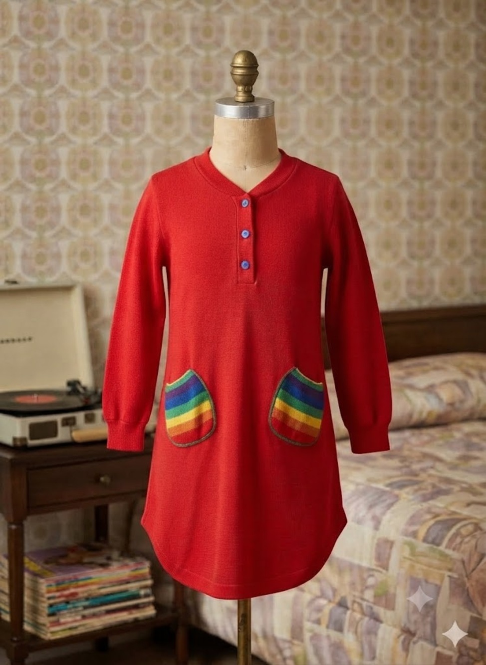 Vintage Jennifer Dale Red Rainbow Pocket Pajama Dress Sleepshirt Jr Size 9